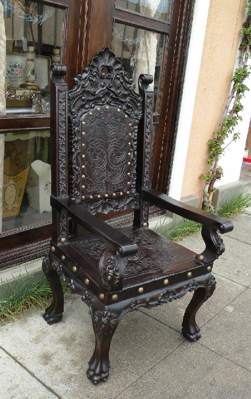 Italian Revival chair, Isabellina armchair with hand tooled leather, hand carved wood