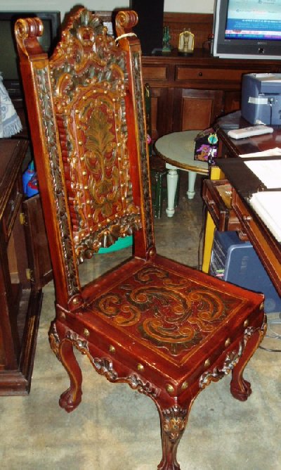 Isabellina side chair with hand tooled leather, hand carved wood and polychrome finish, Italian Revival chair